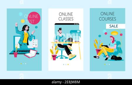 Online courses and distance onboarding screen templates with cartoon people. Online test and educational courses banners for mobile app, cartoon vecto Stock Vector