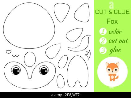 Coloring book cut and glue baby fox. Educational paper game for preschool children. Cut and Paste Worksheet. Color, cut parts and glue on paper. Stock Vector
