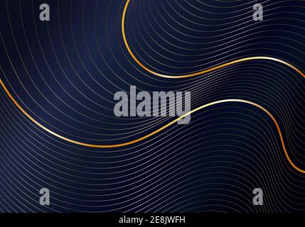 Abstract shiny gold wave curved lines pattern on dark blue background luxury style. Vector illustration Stock Vector