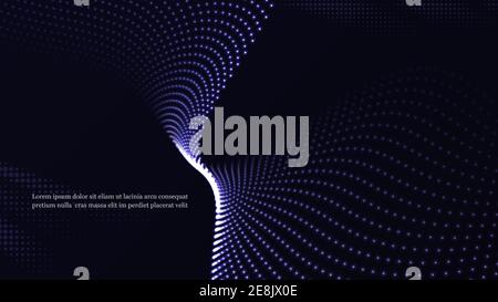 Dynamic particles wave flowing over dark. Beautiful wave shaped array of glowing dots. Stock Vector