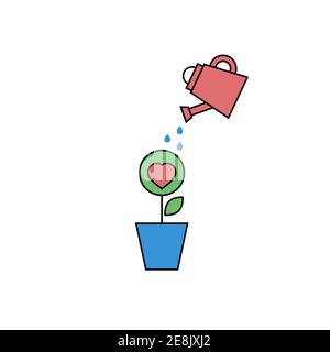 Watering can watering heart, flower. Vector concept of love, help and care. Stock Vector