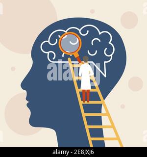 Study of human brain concept. Scientist studying brain, scientific discovery. Psychology illustration Stock Vector