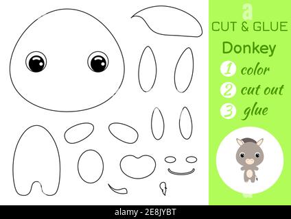 Coloring book cut and glue baby donkey. Educational paper game for preschool children. Cut and Paste Worksheet. Color, cut parts and glue on paper. Stock Vector