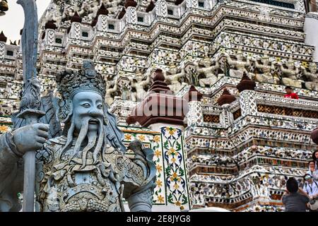 Bangkok, Thailand 08.20.2019 Beautiful detailed sculptures, decorations on the Temple of Dawn, Wat Arun buddhist temple