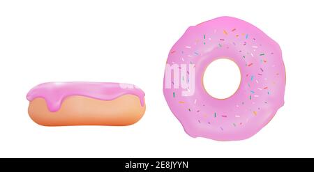 Realistic 3d sweet tasty donut with pink strawberry icing. Vector illustration. Stock Vector