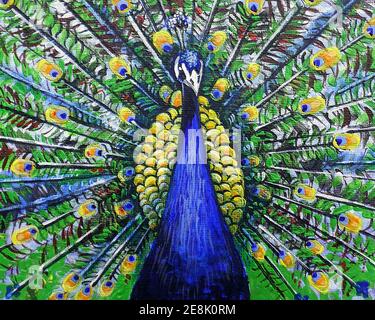 Original oil painting cute peacock bird and peafowl Stock Photo