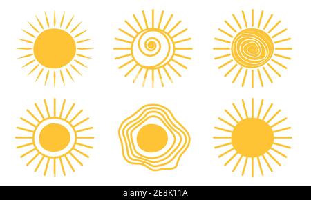 Yellow doodle sunshine logo icon sun. Warm star drawing set. Hot sun doodle summer scribble hand drawn sunshine vector illustration isolated white Stock Vector