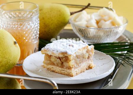 Homemade fruit cake and drinks on the table. Party dessert Stock Photo