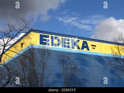 Schwabach, Germany : EDEKA sign at branch. The Edeka Group is the largest German supermarket corporation. Stock Photo