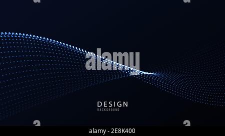 Dynamic particles wave flowing over dark. Beautiful wave shaped array of glowing dots. Stock Vector