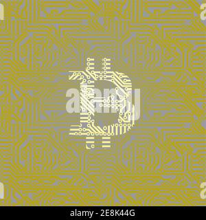 Electronic cryptocurrency concept. Bitcoin sign on a circuit board background. Vector futuristic illustration. Virtual currency. Stock Vector