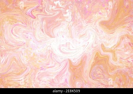 Orange pink agate multicolored digital texture. Pale color flow. Golden marbling abstraction. Digital suminagashi card template. Pastel color liquid p Stock Photo