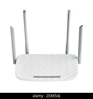 white wireless router with four antennas isolated on white background. modern communication web and internet technologies concept Stock Photo