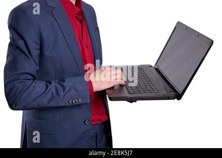 businessman person using black laptop. isolated on a white background Stock Photo