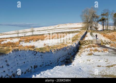 A snowy winter's day on Hadrian's Wall at Peel Gap, near the Steel Rigg car park, in Northumberland, UK Stock Photo