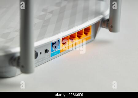 close up wifi internet equipment. colored ethernet panel on wireless hardware. internet concept Stock Photo
