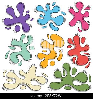 Set of paint splatter colorful flat style isolated on white background. Decorative shapes liquids or fluid. Splashes different cartoon and drops. Vect Stock Vector
