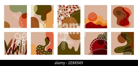 Set of abstract background hand drawn line art various organic shape, face, spots, leaves, spots. Vector illustration Stock Vector