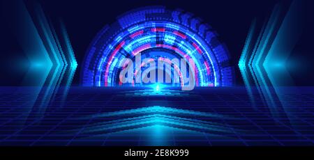 Abstract technology blue circle, light beam and arrow pattern perspective on dark blue grid background Hi-tech communication concept. Digital business Stock Vector