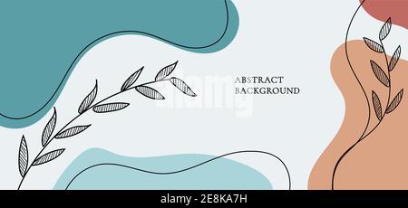Banner web design template background colored organic shapes, line art leaves. Vector illustration Stock Vector