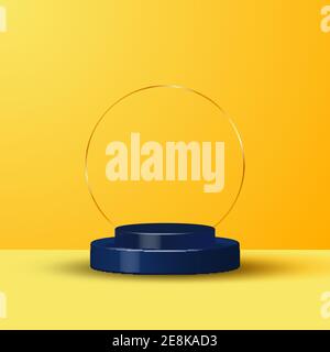 3D realistic yellow rendering and blue podium studio stage for display showcase gold circle background. Vector illustration Stock Vector