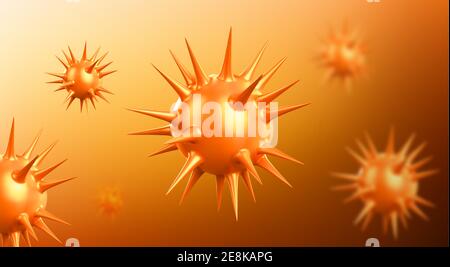 Coronavirus abstract background with corona virus or sars pathogen cells flying. Covid 19 disease vaccination, outbreak and pandemic, medical health risk concept. Realistic 3d vector illustration Stock Vector