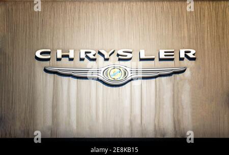 Chrysler is an American automobile manufacturer headquartered in Auburn Hills, Michigan and owned by holding company Fiat Chrysler Automobiles Stock Photo