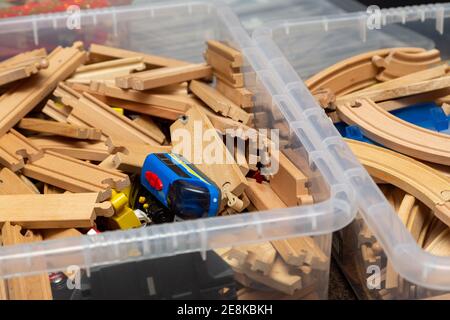 boxes of wooden train track, a popular childrens toy Stock Photo