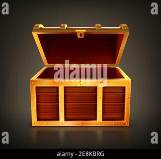 Treasure chest, empty wooden box, open casket with golden details and keyhole. Old trunk for gold or jewelry, pc game item, design element isolated on black background Realistic 3d vector illustration Stock Vector