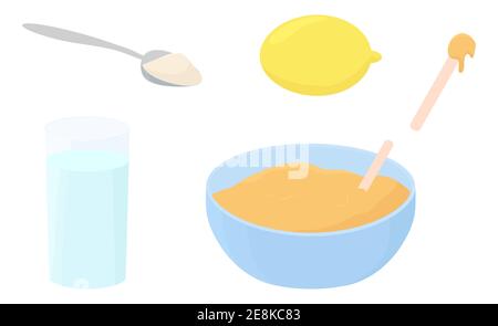 Illustration recipe of hair removal sugar paste for depilation isolated on white. Cup, spatula, spoon of sugar, glass of water, limon in cartoon flat Stock Vector