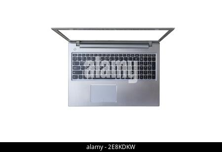 Top view of silver laptop on white background with clipping path. Stock Photo