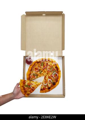 Isolated of Hand holding pizza with pizza in pizza box on white background with clipping path Stock Photo