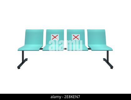 Isolated 3D Illustration 4 Seater Waiting room chairs with no-seat sign for reduce the spread of coronavirus disease 2019 - COVID-19 with clipping pat Stock Photo