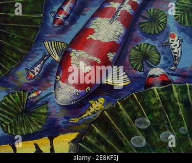 Oil painting of Fancy Carp fish pictures Auspiciousness at home , koi Stock Photo