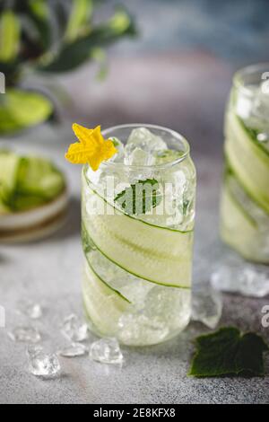 Cucumber infused detox water with mint in a glass with ice. Homemade flavored lemonade on light blue background