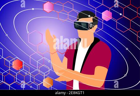 Man wearing V R  headset and abstract futuristic, hexagon shape on dark blue color background.vector illustration. Stock Vector