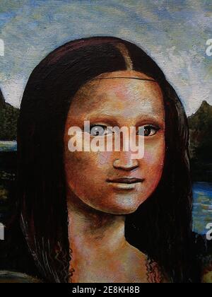 Oil color Paintig Face Cute female , woman , Mona Lisa , Leonardo da Vinci Stock Photo