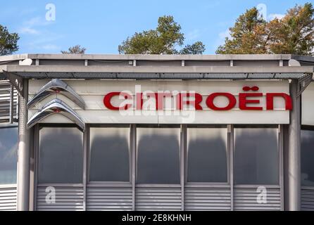 Nurnberg, Germany: Citroen emblem at one of Citroen's auto dealerships, Citroen is a french car maker, part of PSA Peugeot Citroen Stock Photo