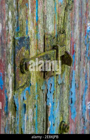 Close up view of an old metal door latch on a barn door with peeling paint Stock Photo