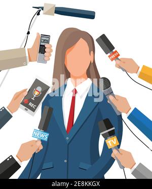 Public speaker. Rostrum, tribune and hands of journalists with microphones and digital voice recorders. Press conference concept, news, media, journalism. Vector illustration in flat style Stock Vector