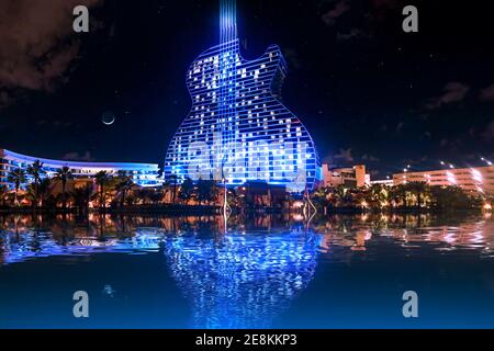 A photo of the Hard Rock Guitar Hotel and pool in Hollywood, Florida. Stock Photo