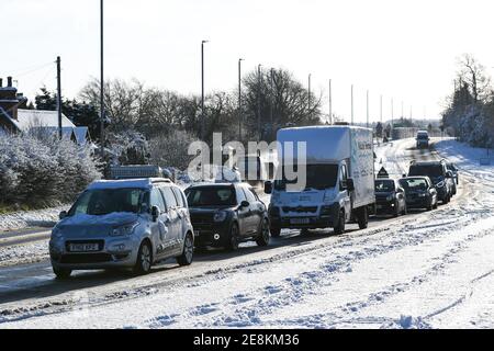 vehicles travelling after heavy snowfall on the a6 loughborough Stock Photo