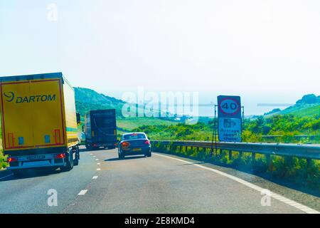 Heavy traffic at A20 road near Dover town,Kent United Kingdom,July 2016 Stock Photo