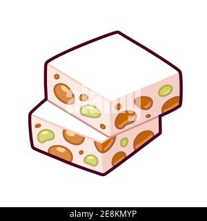 Nougat or torrone, nut candy drawing. Isolated cartoon vector illustration. Stock Vector