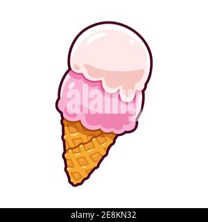 Cartoon ice cream drawing, Italian Gelato. Vanilla and strawberry scoops in waffle cone. Isolated clip art vector illustration. Stock Vector