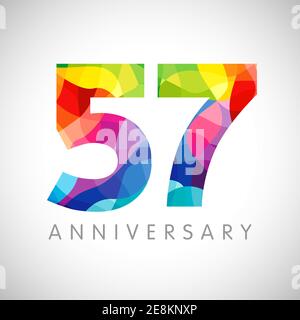 57th anniversary numbers. 57 years old logotype. Bright congrats. Isolated abstract graphic design template. Creative 5, 7 sign, 3D digits. Up to 57%, Stock Vector