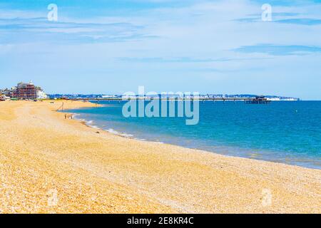 View of Deal beach at nice summer day.Deal's current pier is the last remaining fully intact leisure pier in Kent and is a Grade II listed building.UK Stock Photo