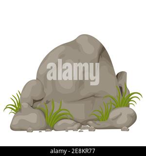 Rock, big stone with grass detailed drawing geologic structure, texture isolated on white background. Construction, design element for game, boulder. . Vector illustration Stock Vector