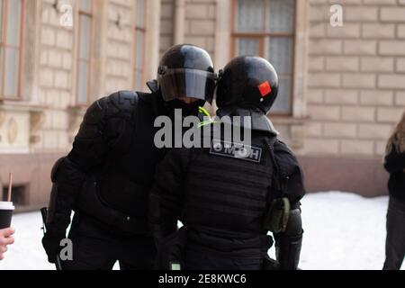 Saint Petersburg, Russia - 31 January 2021: Protest in Russia for freedom of Navalny, people protesting against Putin, Illustrative Editorial Stock Photo