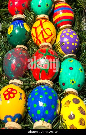 an exhibition of Easter eggs, multi-colored eggs painted Stock Photo